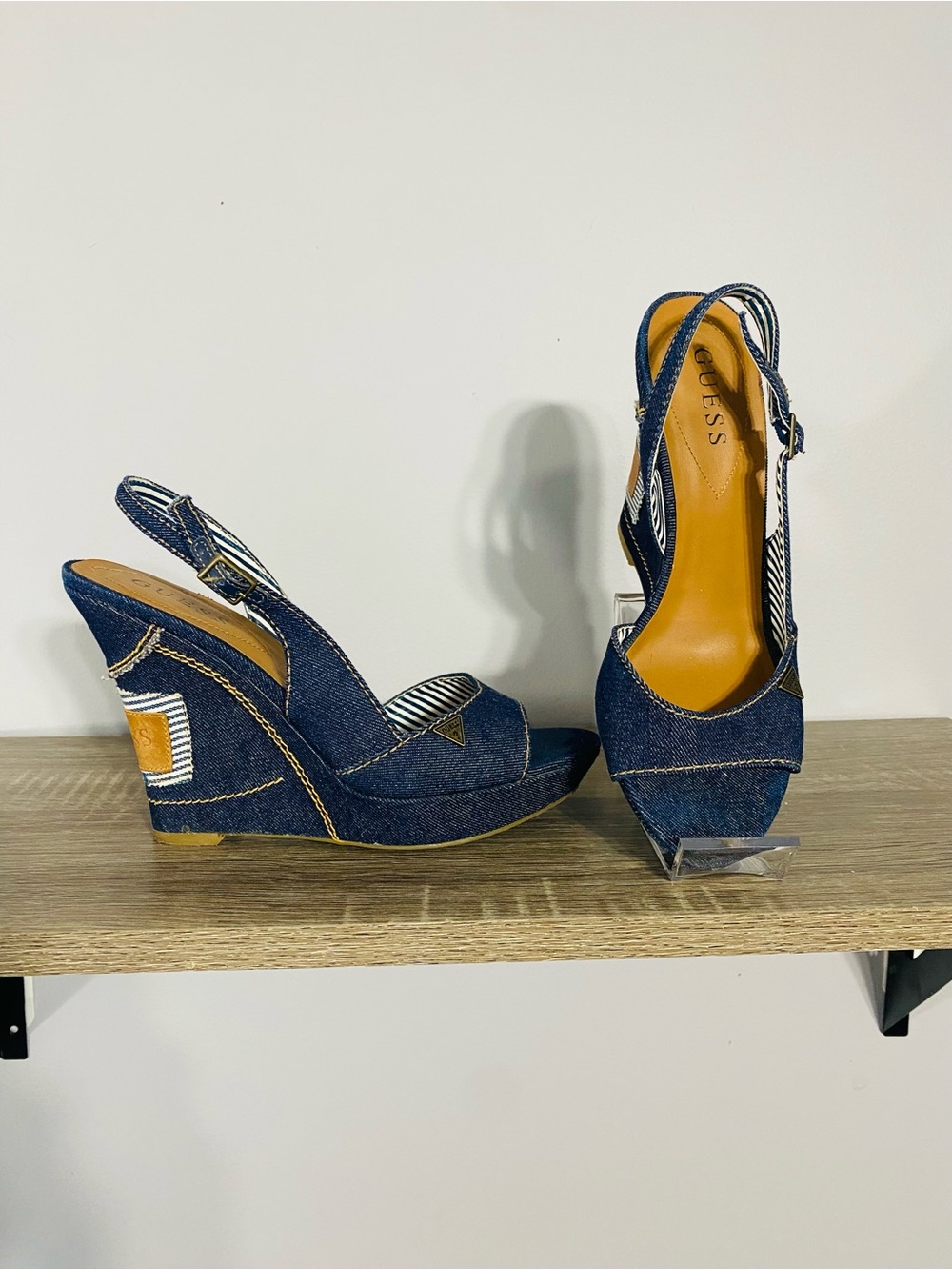 GUESS Dark Blue Denim Wedge Sandals with Striped Accent